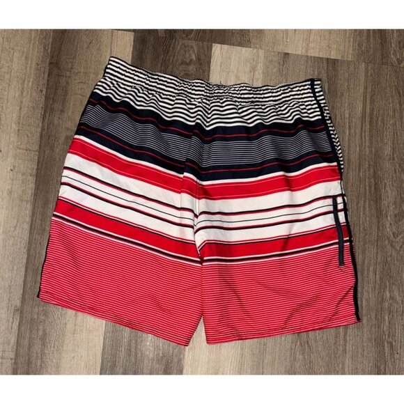Op Mens XL Striped Swim Trunks Red/Black/White Polyester Mesh Liner Elastic Wais - Picture 4 of 6